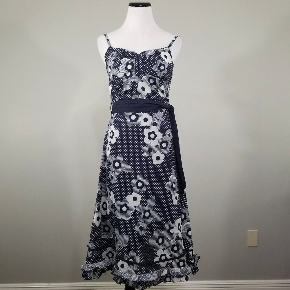 NESLAY Floral Polka Dot Midi Empire Waist Sundress Small Blue White Cotton Dress